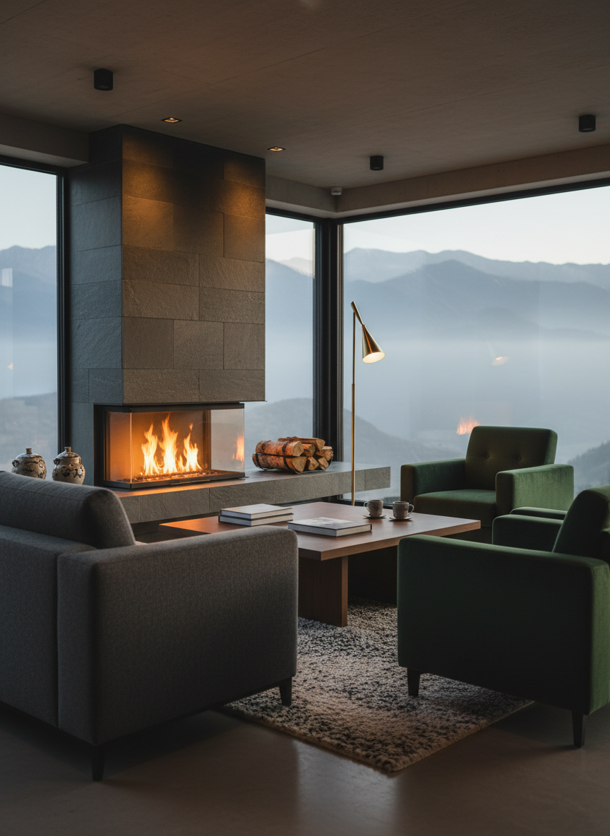 An elegant lounge interior of a mountain guest house, featuring a low-profile charcoal wool sofa and two deep forest-green velvet armchairs arranged around a rectangular, dark oak coffee table. A sleek gas fireplace set in a floor-to-ceiling slate stone wall emits a gentle amber glow, reflecting on a brushed brass log holder and subtle decor. Large picture windows frame misty Tashkent-region mountains, their outlines softened by early morning haze. Photographic realism, warm layered lighting from recessed ceiling fixtures and a single sculptural floor lamp creates pools of light and soft shadows. Shot at eye level with a slightly off-center composition, shallow depth of field drawing attention to the flickering fire and refined textures. The mood is sophisticated, calm, and cocoon-like, suggesting a luxurious all-season retreat.