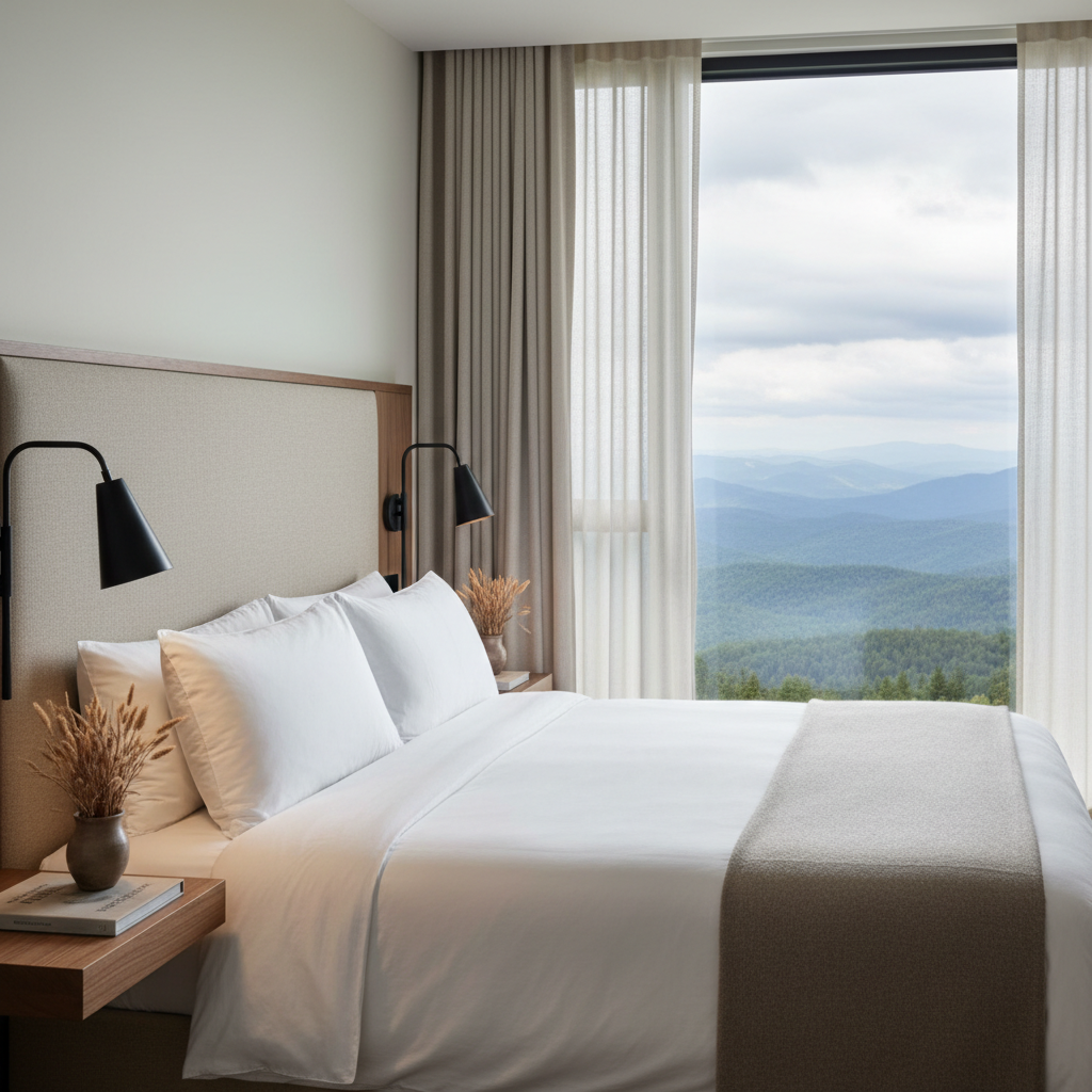 A plush, meticulously styled guest room at a sophisticated mountain inn, showcasing a king-size bed with crisp white cotton linens, a thick taupe wool throw, and stacked feather pillows beneath a padded headboard upholstered in textured oatmeal fabric. On either side, slim matte-black wall sconces cast warm, focused light onto floating walnut bedside shelves holding a single hardcover book and a small ceramic vase with dried mountain grasses. A large floor-to-ceiling window reveals distant, forested slopes under overcast light, sheer curtains diffusing the brightness into a soft glow. Photographic realism, captured from a slightly elevated corner angle to reveal both bed and view, sharp foreground with gently blurred landscape. The atmosphere is quiet, refined, and restorative, emphasizing clean lines, natural materials, and understated luxury.