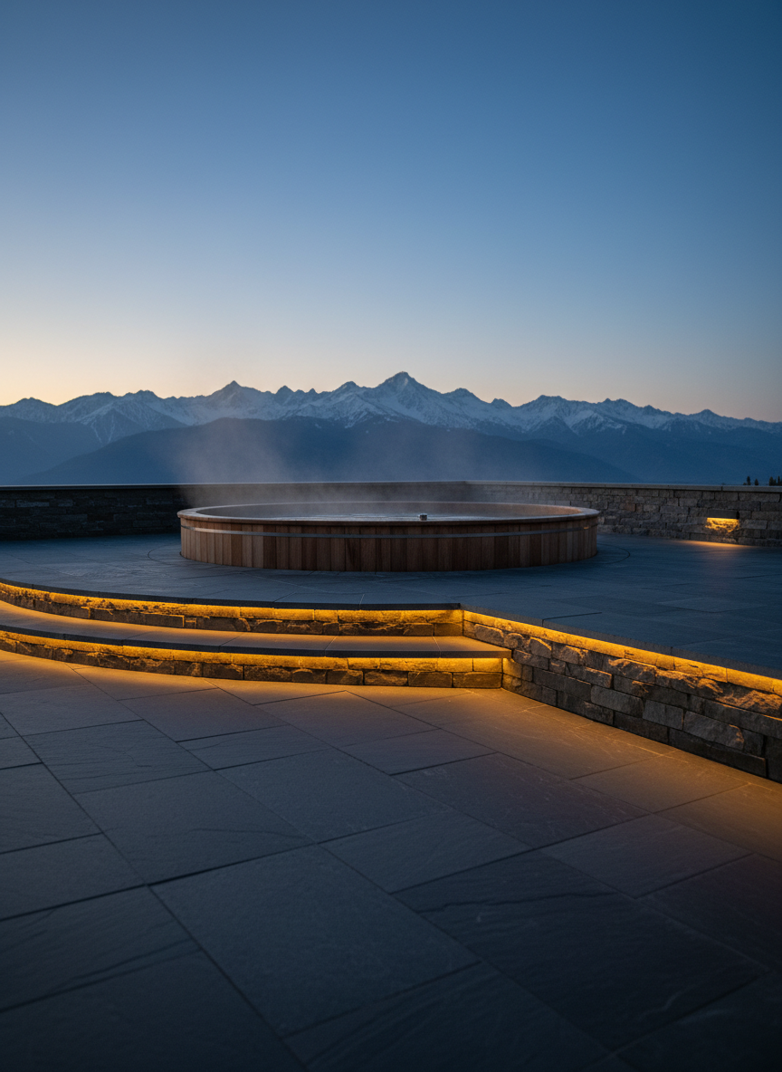 A serene outdoor hot tub area at Montville Inn, featuring a circular cedar-wood soaking tub inset into a stone terrace, faint steam rising into the crisp mountain air. Surrounding the tub, smooth basalt pavers lead to a low stone wall that frames a panoramic view of rugged Tashkent-region peaks dusted with late-winter snow. Discreet, warm LED strip lights are set into the terrace edges, subtly illuminating the space without overpowering the dusk sky. Photographic realism with golden hour lighting grazing the stone textures and warm reflections shimmering on the tub’s water surface. Shot from a low angle near the terrace floor for dramatic depth, with foreground stones in focus and distant mountains slightly softened. The atmosphere is intimate, sophisticated, and spa-like, emphasizing seclusion and quiet luxury.