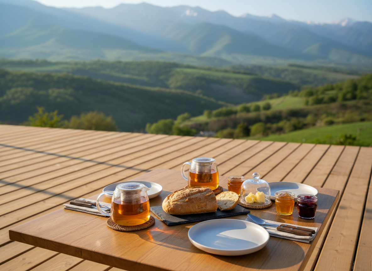 A beautifully set breakfast table on an open-air wooden terrace of a mountain inn, overlooking rolling green hills of the Tashkent region under clear spring skies. The table is made of smooth, honey-toned wood with visible grain, set with matte white stoneware plates, double-walled glass teapots with amber tea, and small jars of local honey and preserves. A slate board holds freshly baked crusty bread and butter curls. Early morning sunlight casts long, delicate shadows across the table, creating subtle highlights on the glass and cutlery. Photographic realism, captured at a slightly elevated three-quarter angle with a shallow depth of field so the table is in sharp focus and the mountain scenery soft and dreamy. The mood is sophisticated yet relaxed, quietly indulgent, and welcoming for all seasons.