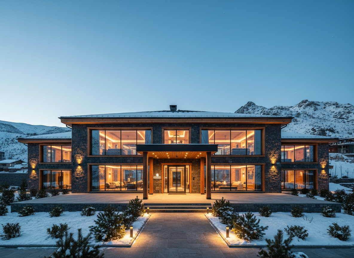 A refined mountain inn facade nestled against the dramatic, snow-dusted hills of the Tashkent region, featuring dark natural stone walls, warm timber accents, and large panoramic windows glowing from within. The entrance canopy, crafted from rich wood and matte black metal, extends over a neatly shoveled stone path bordered by evergreen shrubs and subtle landscape lighting. Captured in photographic realism at blue-hour twilight, soft golden interior light spills onto the terrace, creating inviting reflections on the glass. The crisp, clear mountain sky fades from deep indigo to pale turquoise. Shot from a slightly elevated angle with a wide lens for a grand yet intimate feel, sharp focus throughout, sophisticated and serene atmosphere, minimal signage with an understated “Montville Inn” emblem on a discreet metal plaque.